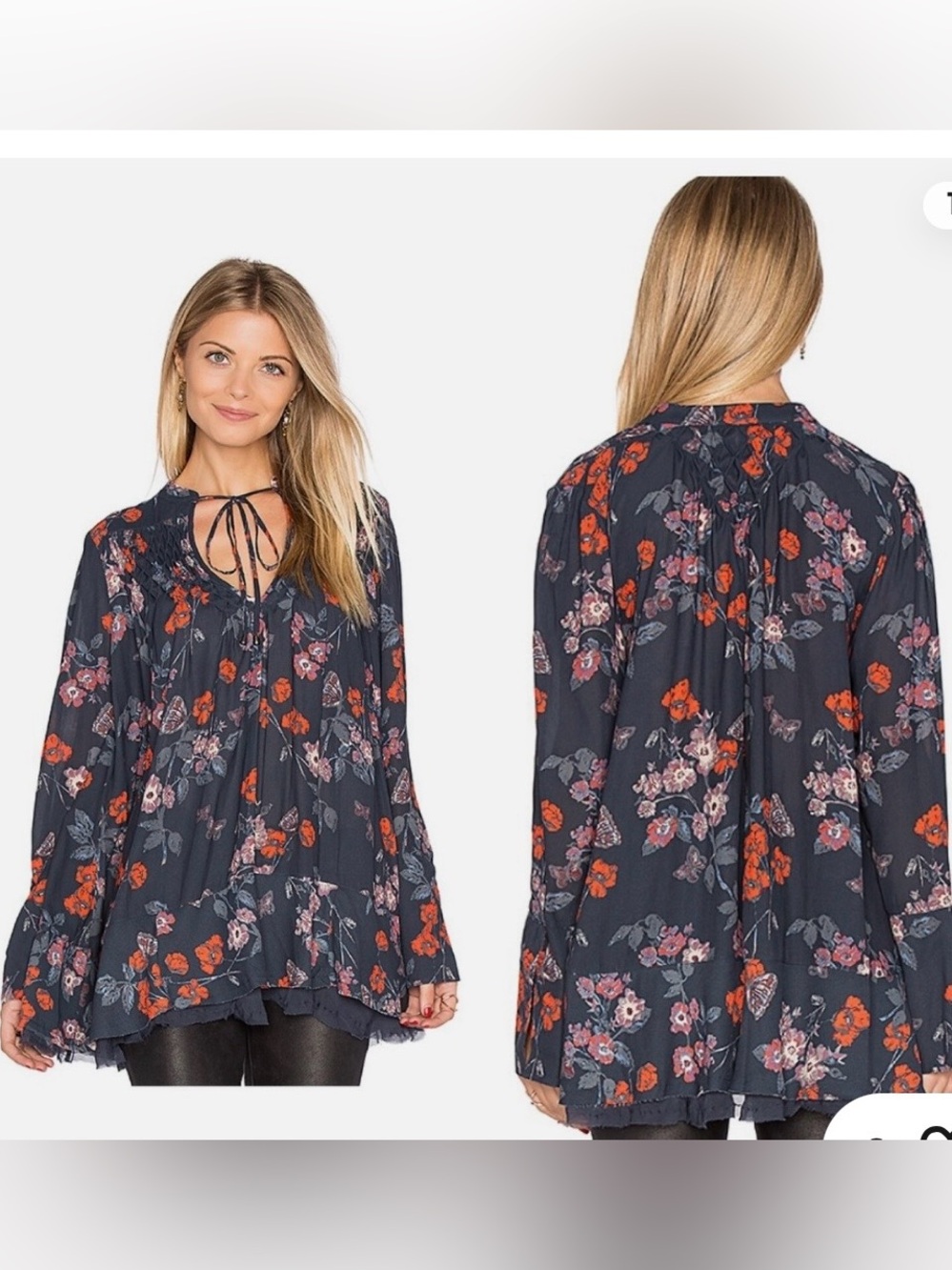 Free People So Fine Pebble Crepe Smocked Tunic Navy Blue Blouse size L - Picture 2 of 7